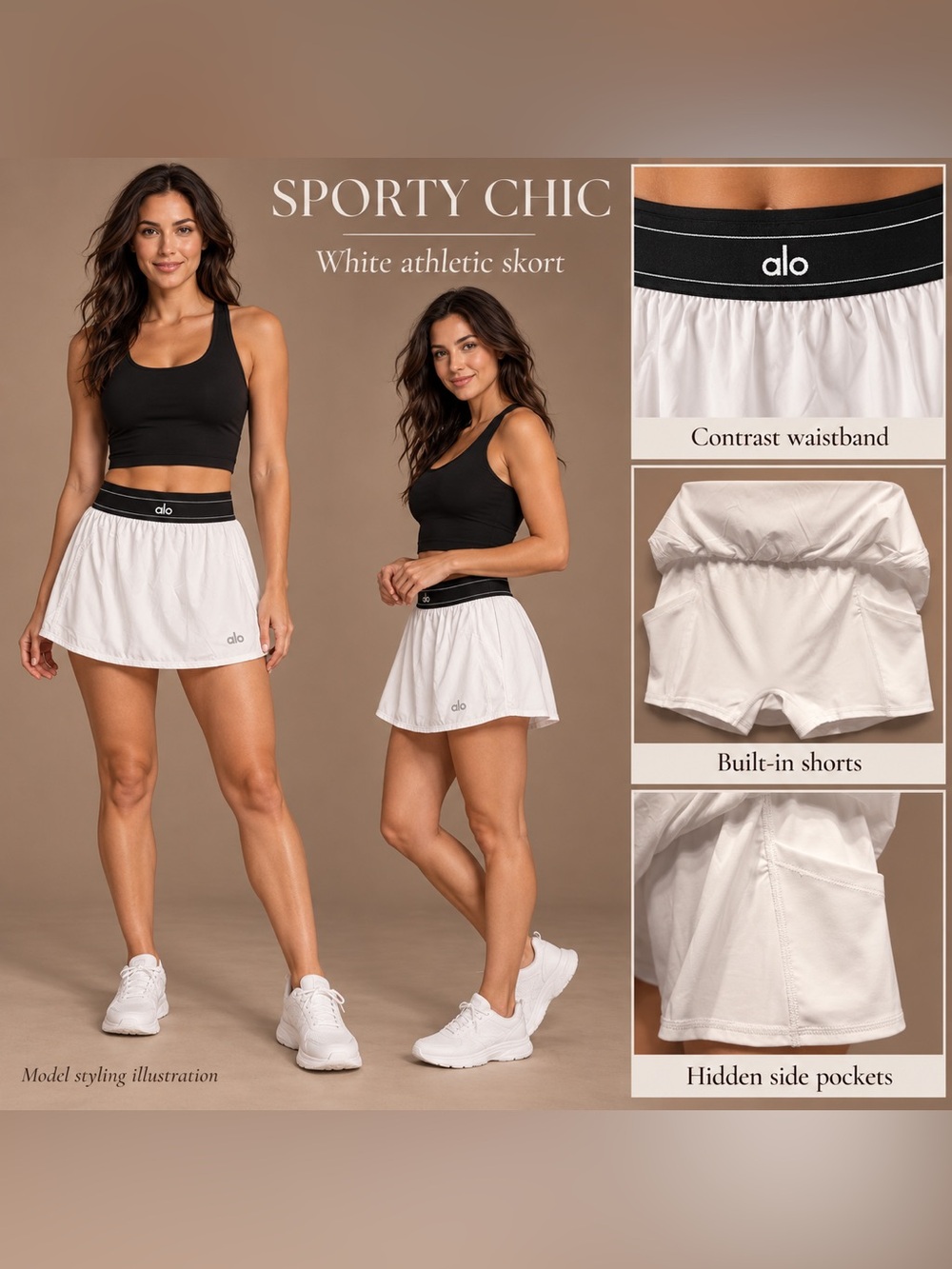ALO Yoga White Athletic Skort with Black Contrast Waistband NWOT